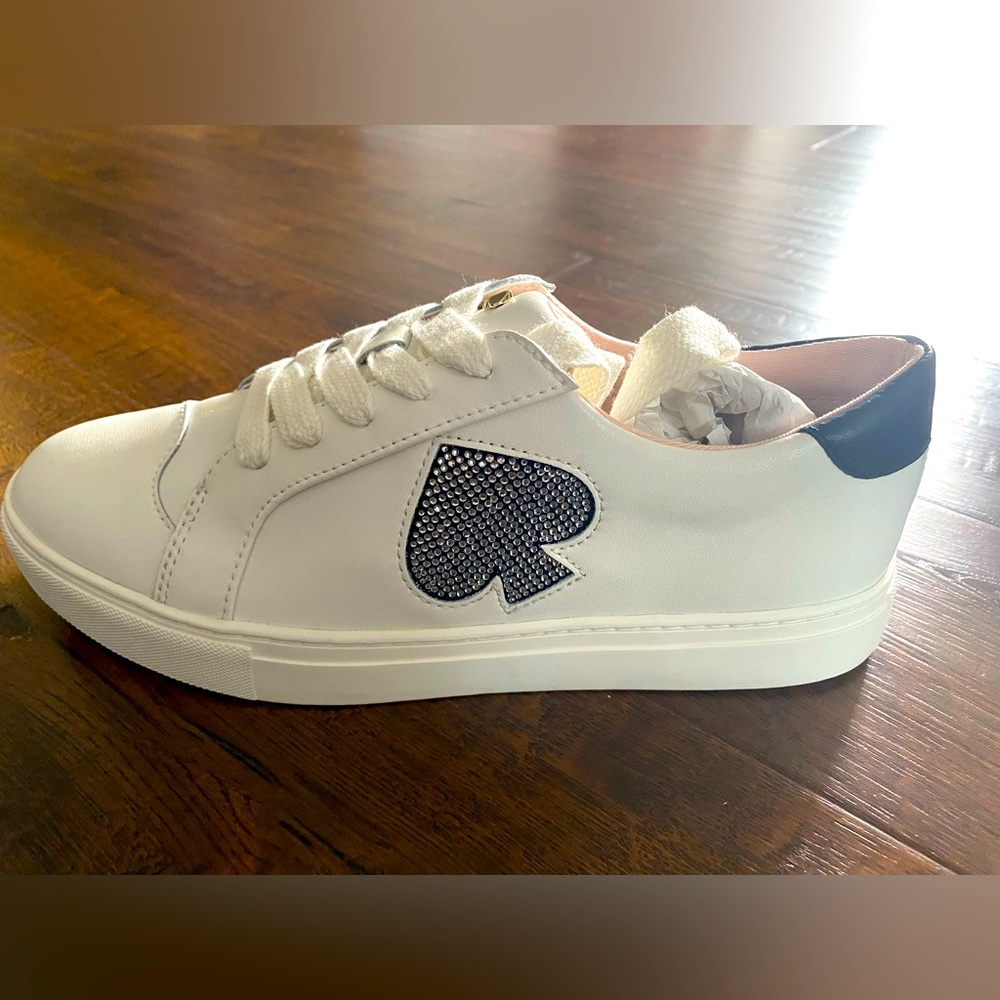 kate spade White Leather Sneakers with Black Crystal Spade Accent